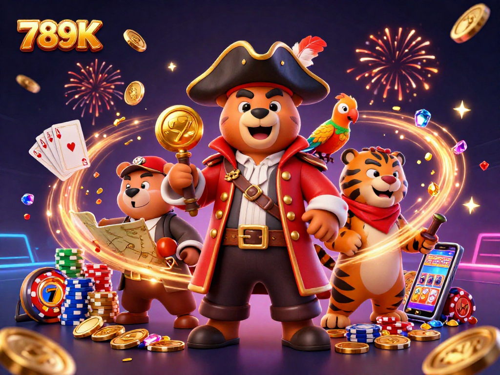 Experience thrilling wins at 789K with vibrant slot machines and golden coins cascading around a pirate bear.