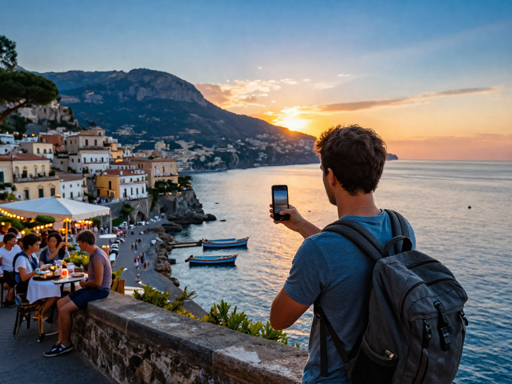 Traveler at sunset in Naples holding lavowin daftar smartphone app while enjoying the scenic view.