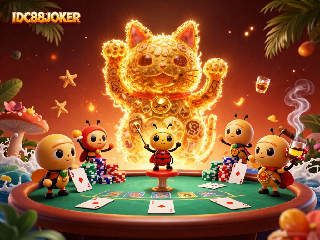 Experience winning excitement at IDC88JOKER with a vibrant casino illustration filled with symbols and energy.