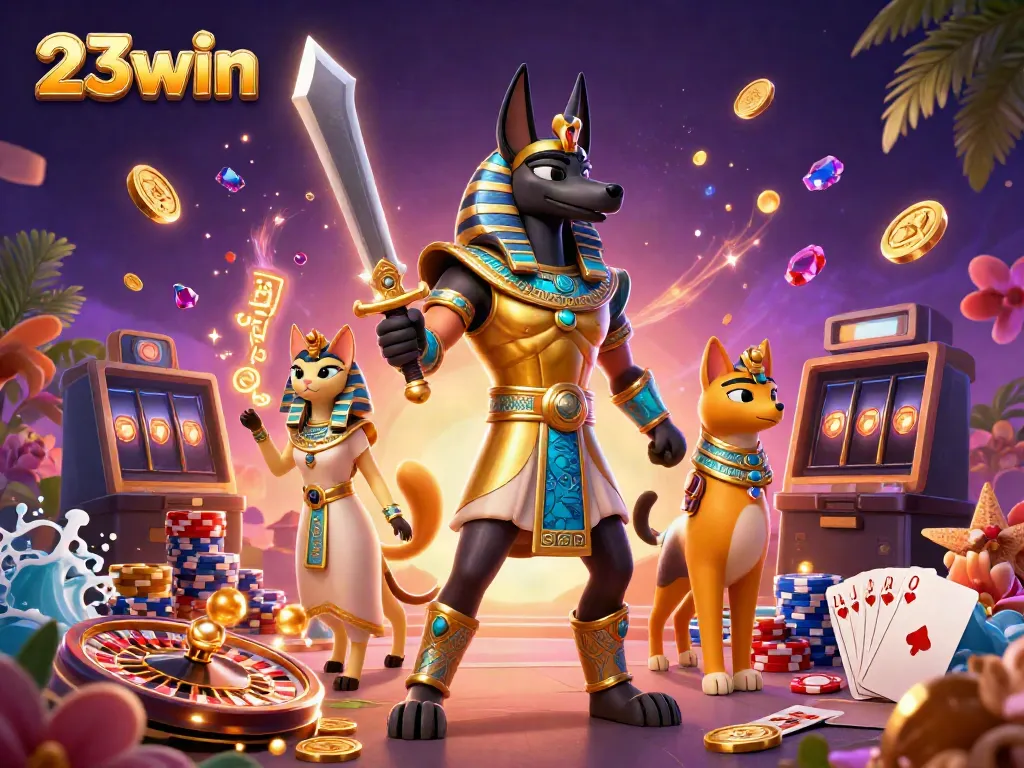 Experience thrilling gameplay at 23win with an ancient Egyptian warrior and exciting casino elements.