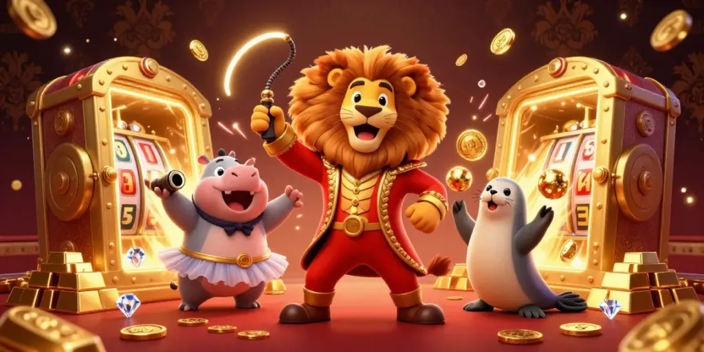 Experience thrilling jackpots at GEM88 with a vibrant casino scene featuring lively characters and sparkling treasures.