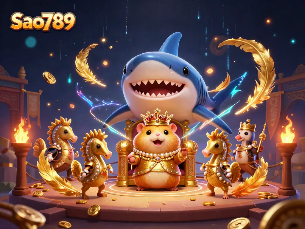 Experience thrilling wins with Sao789 in this vibrant gambling scene featuring the golden hamster king.