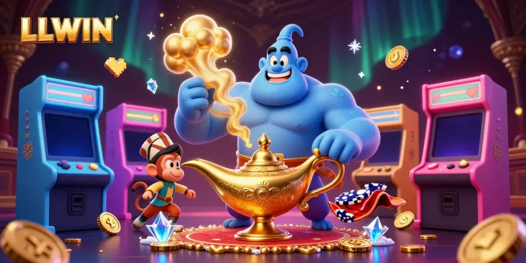 Experience the magic of LLWIN with a dynamic 3D illustration featuring a blue genie, poker chips, and vibrant casino elements.
