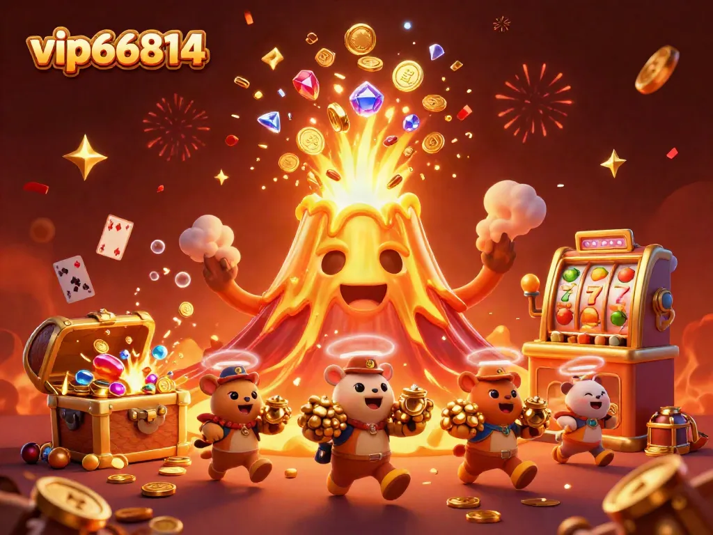 Experience the excitement of winning at vip66814 with a golden volcano erupting treasures in a vibrant casino scene.