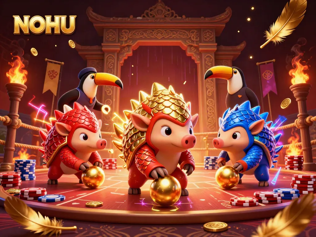 NOHU features rival pangolins rolling through poker chips in vibrant casino setting.