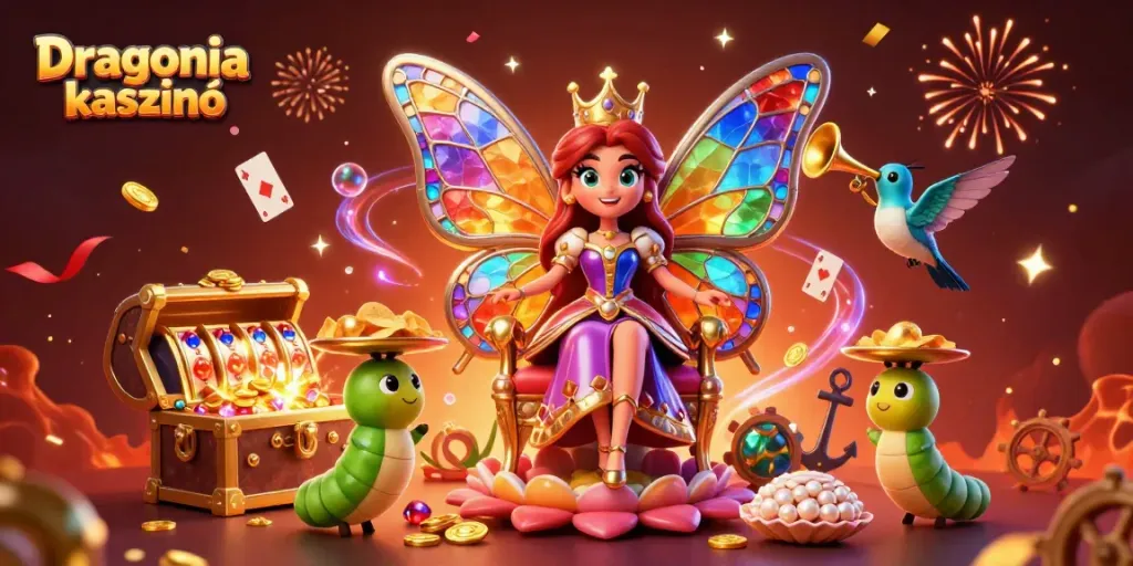 A Dragonia kaszinó ünnepélyes illusztrációja, ahol a hercegnő aranytálcákkal díszített karakterekkel ünnepel.