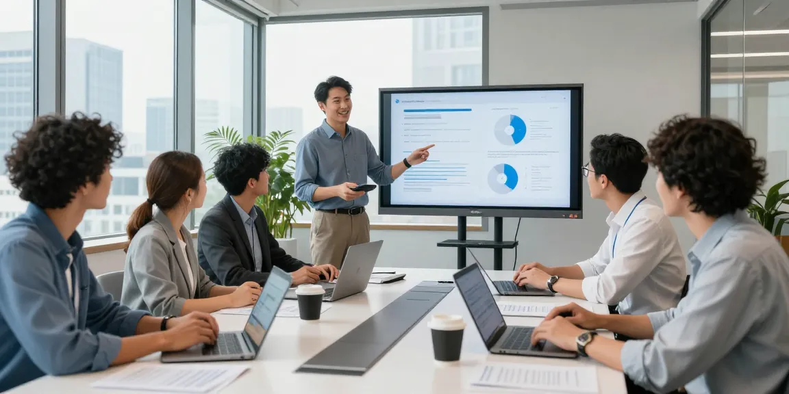 Team discussing business mobile deals UK in a modern office setting with large screens and collaborative tools.