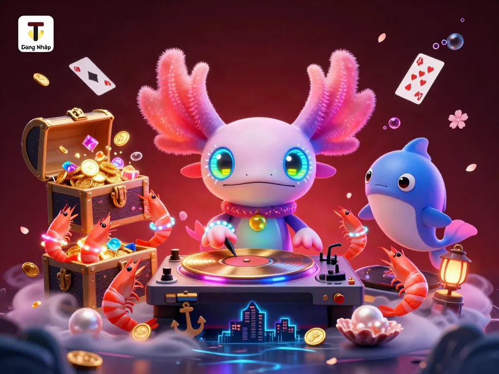 Experience TX88 Đăng Nhập with vibrant underwater casino elements featuring a neon axolotl DJ.