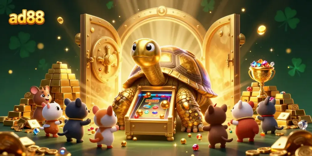 Experience ad88's thrilling gaming atmosphere with a vibrant illustration of animated characters in action.