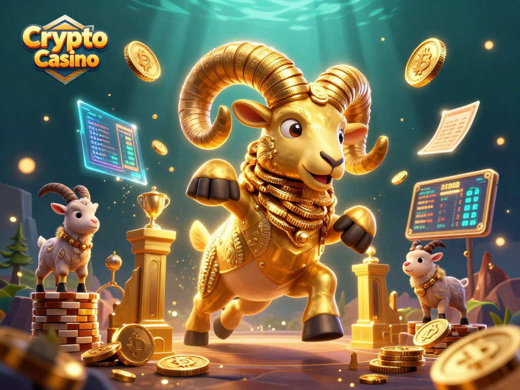 Experience the thrill of Crypto Casino with a dynamic scene featuring golden elements and blockchain graphics.