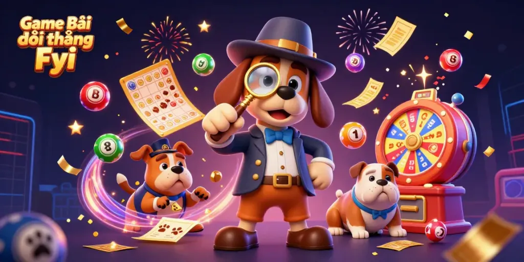 Winning with Game Bài Đổi Thưởng Fyi, a detective and bulldog navigating vibrant casino rewards.
