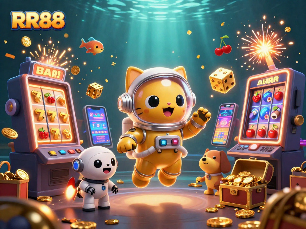 Experience thrilling moments at RR88 with vibrant 3D graphics illuminating a dynamic casino scene.