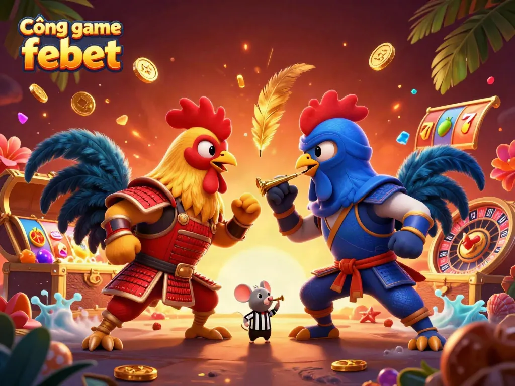 Experience the thrill of Cổng game febet featuring dynamic standoffs between samurai and ninja roosters in a lavish casino sunset.