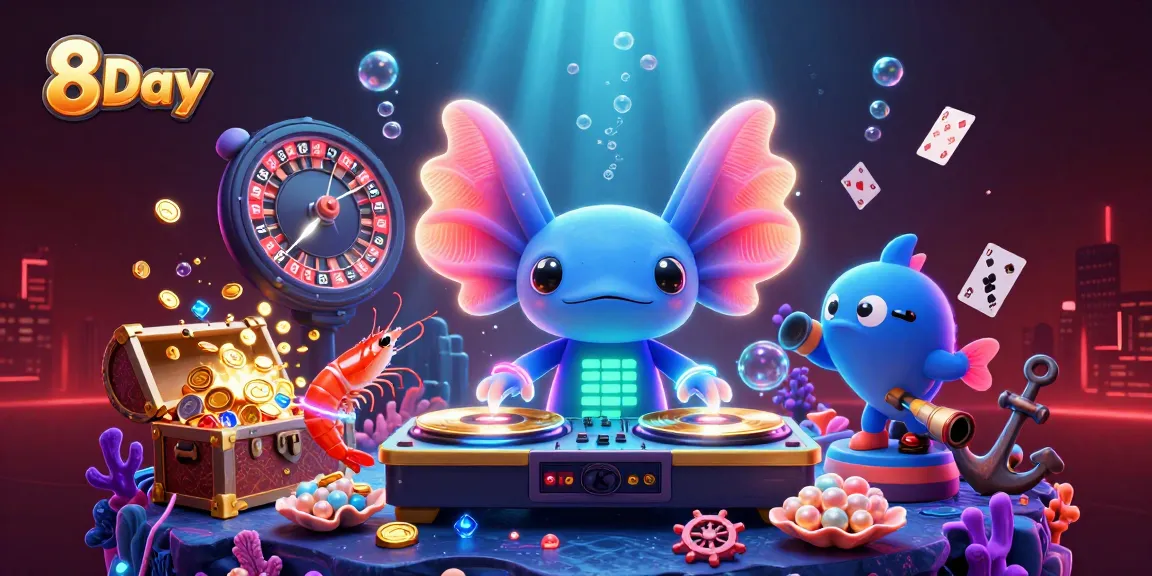 Join the 8Day casino fun with a vibrant underwater scene featuring a DJ axolotl and casino games.
