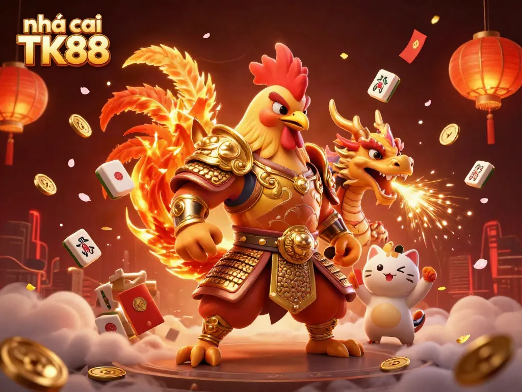 Engage in thrilling gameplay at nhà cái TK88 with vibrant 3D scene featuring dynamic characters and festive elements.