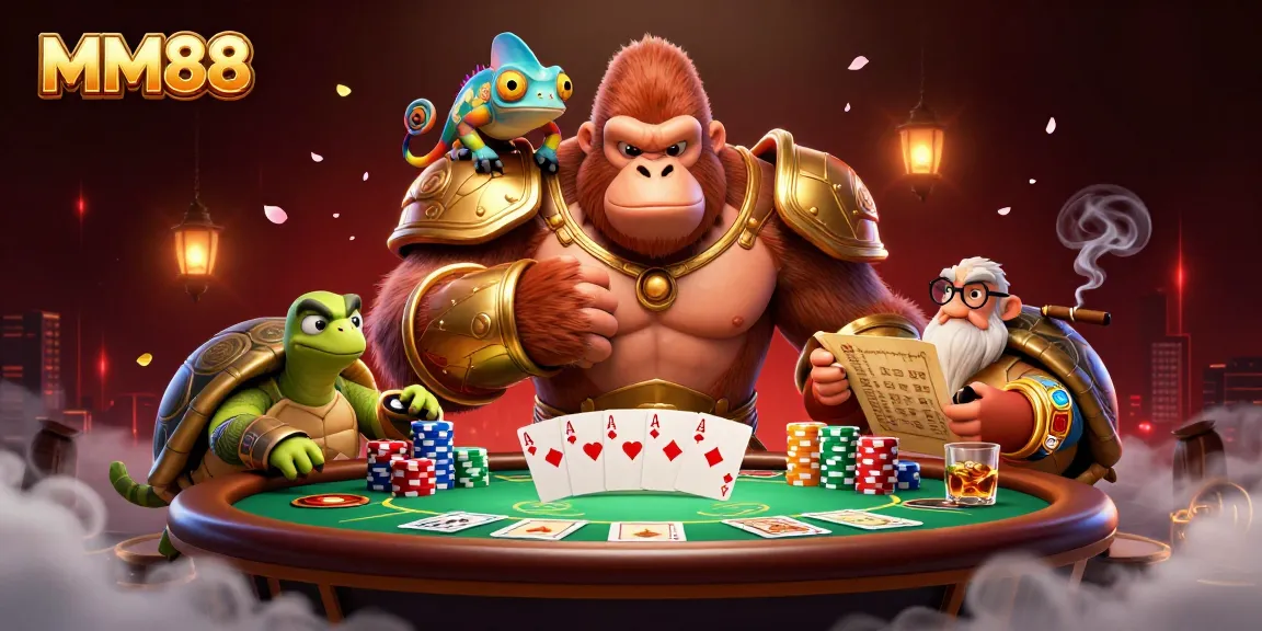 Experience the thrilling world of MM88 with a powerful gorilla, chameleon companion, and tortoise sage at a vibrant poker table.