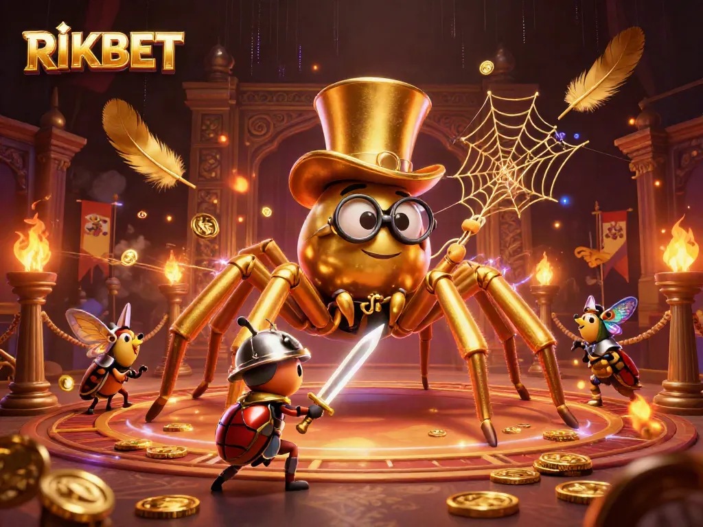 Engage in thrilling moments at RIKBET's casino with a bold beetle knight and golden tarantula.