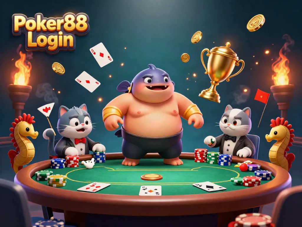Join the action with Poker88 Login as players compete at the vibrant poker table featuring colorful chips and dynamic cards.