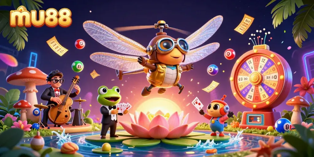 Play exciting games with mu88, featuring a dragonfly pilot and a frog croupier amidst colorful casino elements.