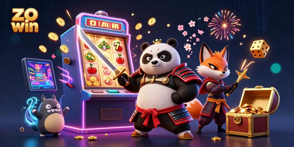 Engage in thrilling gameplay with Zo Win featuring a samurai panda, ninja fox, and magical tanuki.