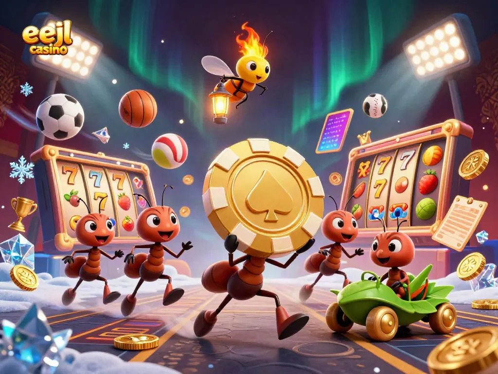 Experience thrilling eejl casino heists with cartoon ants and dynamic sports elements in vibrant 3D art.