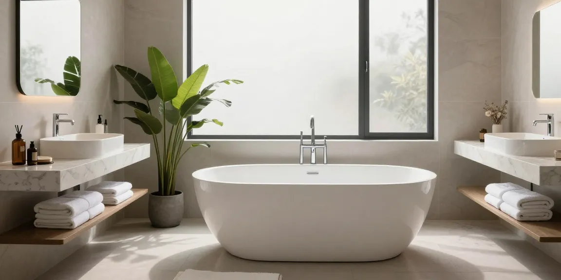 Luxurious bathroom featuring KKR solid surface freestanding bathtub and basin, showcasing modern design.