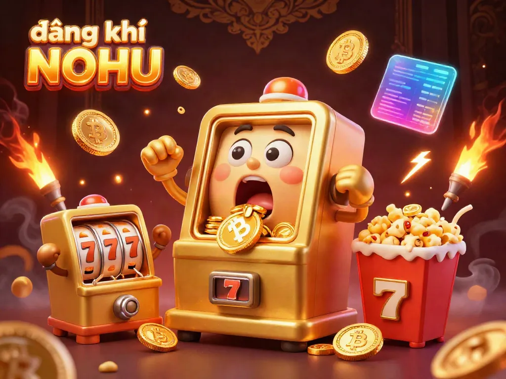 Engage in exciting gameplay at đăng ký NOHU, featuring a golden slot machine celebrating a jackpot amidst cheering machines and vibrant decor.