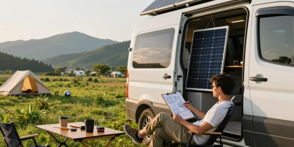 Person enjoying solar planning outside a campervan, embodying the rokok88 van life experience.