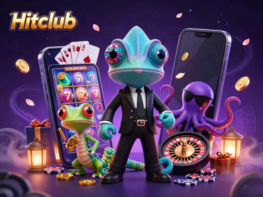 Experience the thrill of Hitclub with a secret agent chameleon, tech gecko, and villainous octopus amidst vibrant casino elements.
