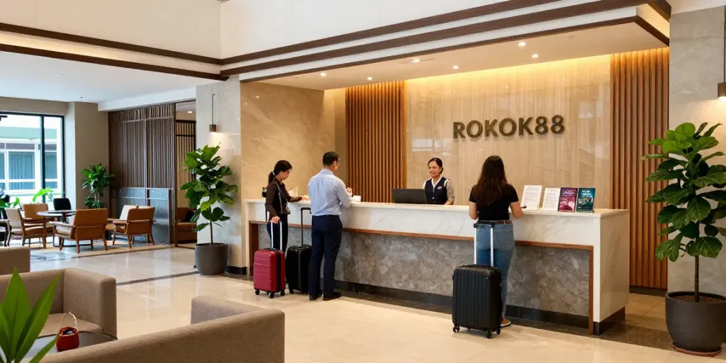 ROKOK88 hotel lobby scene showcasing warm hospitality and modern decor.