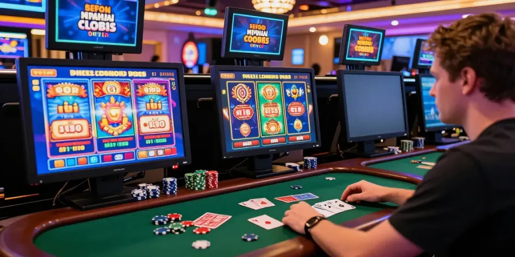 Exciting gaming scene at casinos that accept credit cards, featuring a player engaged with vibrant online slots and live dealer action.