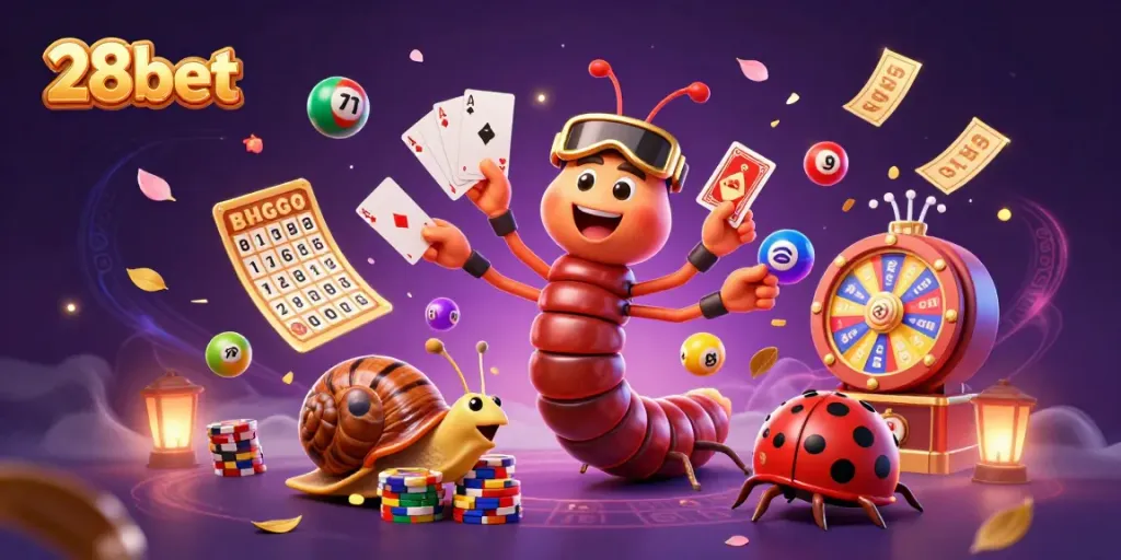 Engage in vibrant 28bet fun with a cartoon dealer and exciting game elements showcasing a dynamic atmosphere.