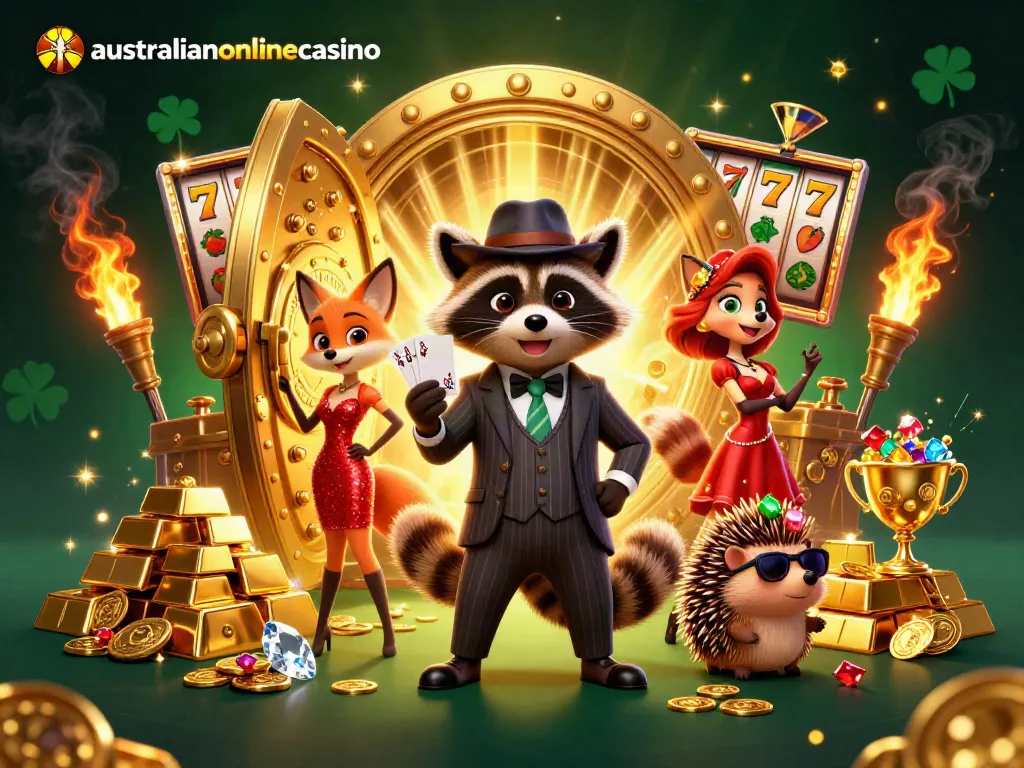 Experience exciting online gaming with a raccoon in a suit and fox in sequins, embodying the australianonlinecasino theme.