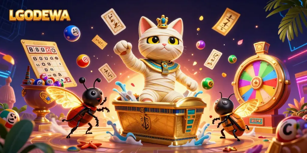 Experience the thrill of LGODEWA casino with a vibrant Egyptian-themed 3D scene, showcasing excitement and gaming elements.