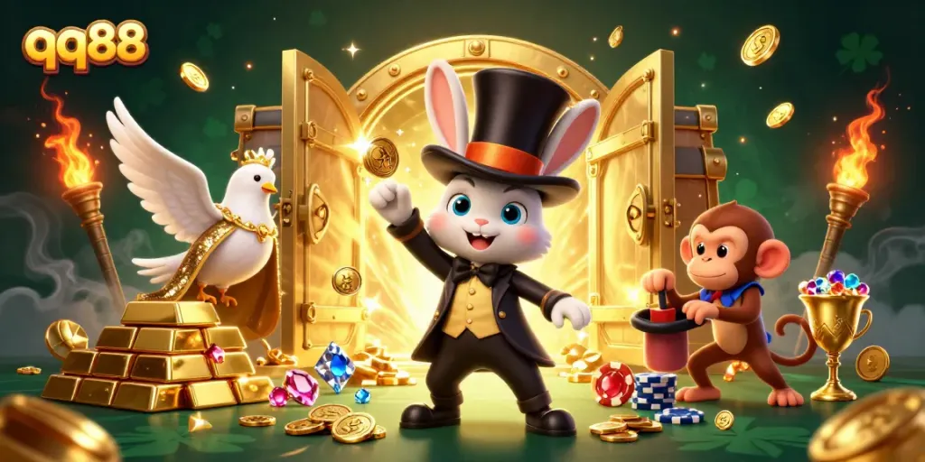 Win big with qq88 in this vibrant casino scene featuring a magician rabbit and treasures.