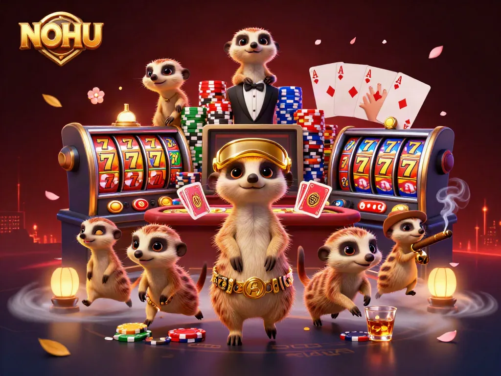 NOHU meerkats managing a chaotic casino scene with colorful slot reels and vibrant poker chips