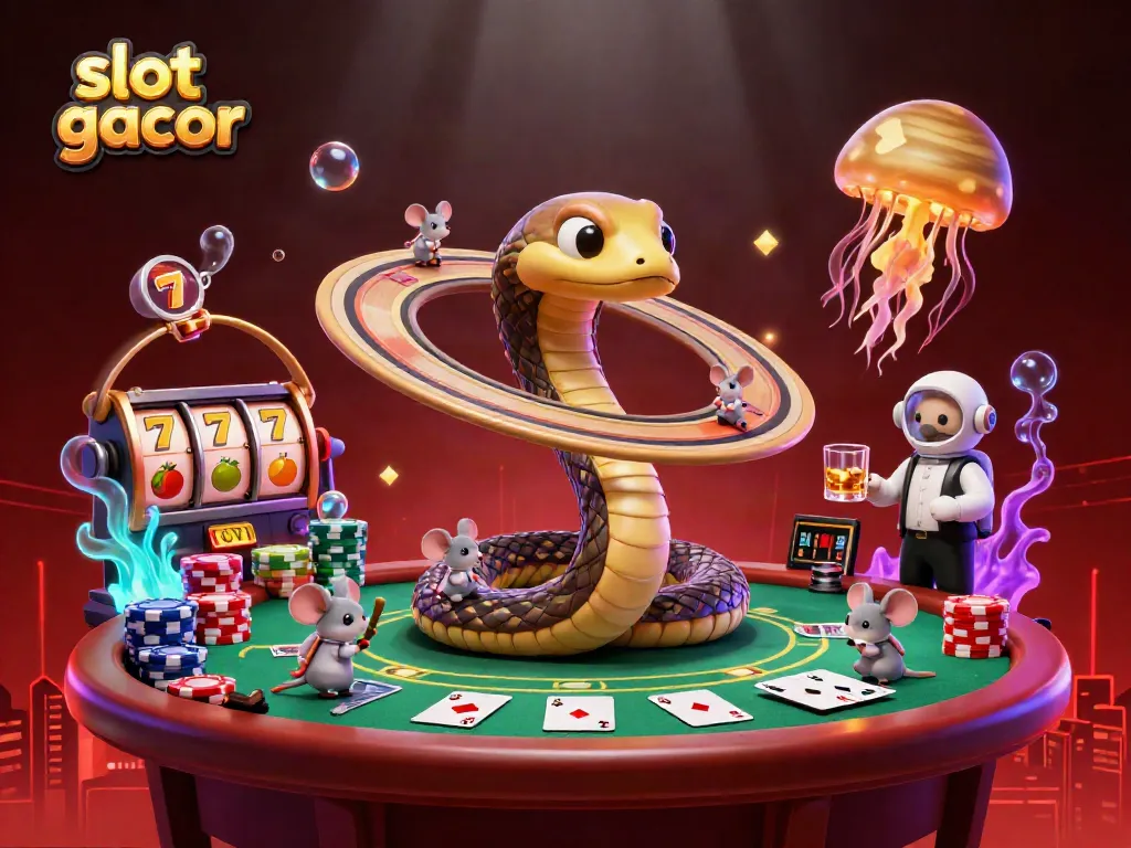 Experience thrilling wins at slot gacor with astronaut mice and a cosmic dealer in this vibrant casino scene.