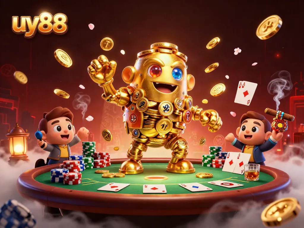 Engage in thrilling action at uy88 with vibrant poker elements and an ancient golem in a dynamic casino scene.