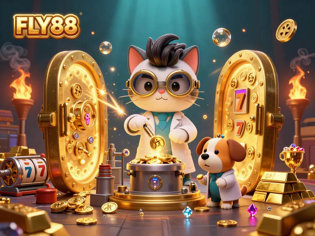 Experience the vibrant world of FLY88 with an exciting casino scene featuring a mad scientist cat and golden treasures.