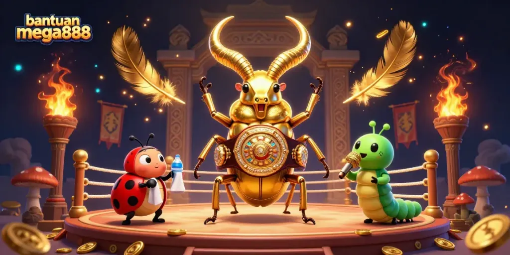 Bantuan mega888 features a dynamic boxing scene with a golden stag beetle and engaging elements.