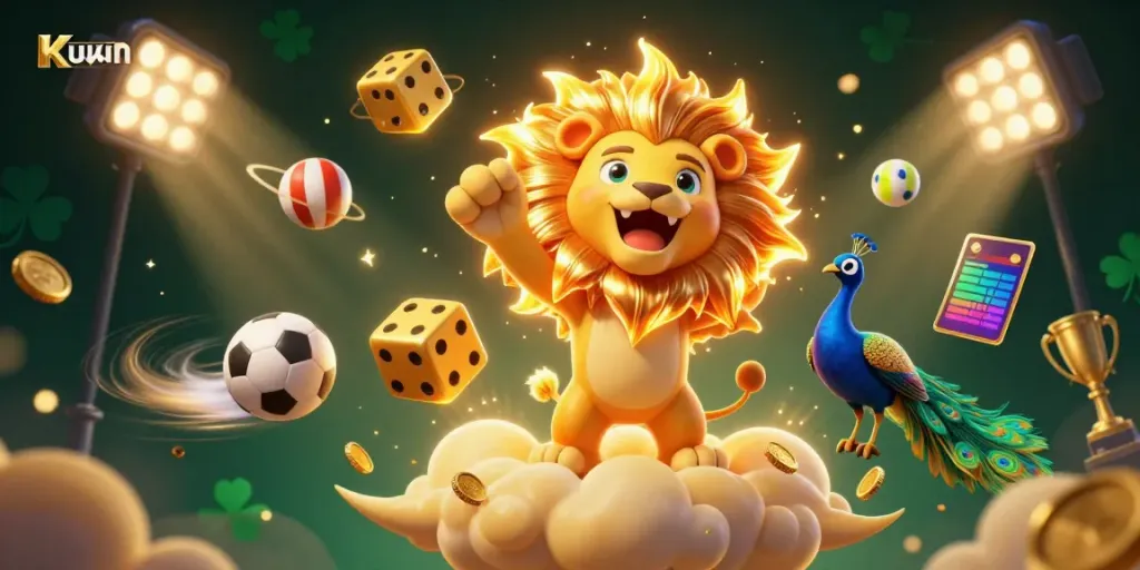KUWIN celebrates gaming with vibrant characters, dice, and sports elements in a dynamic casino scene.