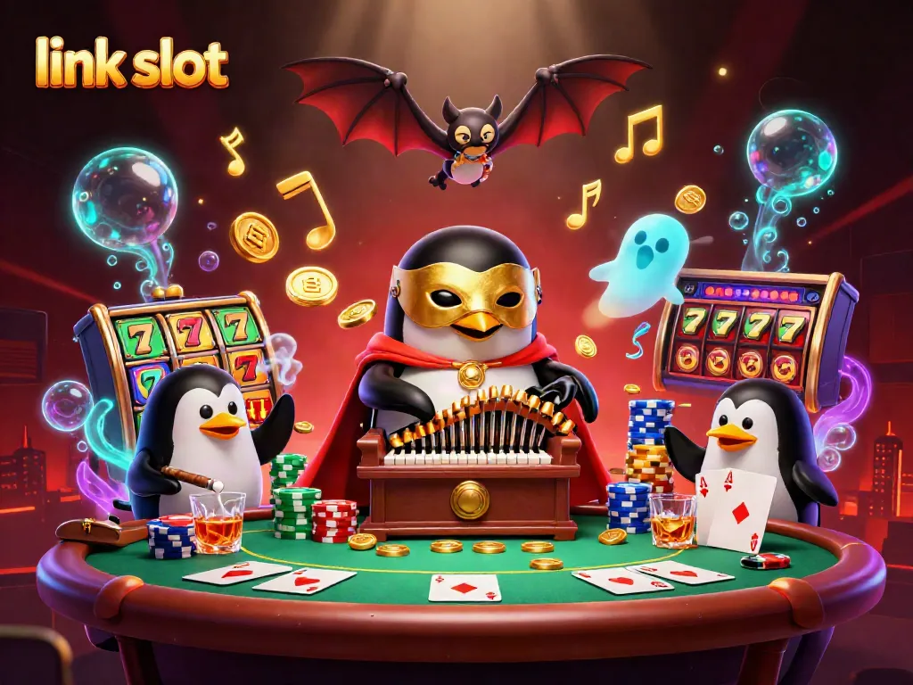 Dynamic scene illustrating entertaining slot gameplay with the penguin character and gambling elements featuring link slot.