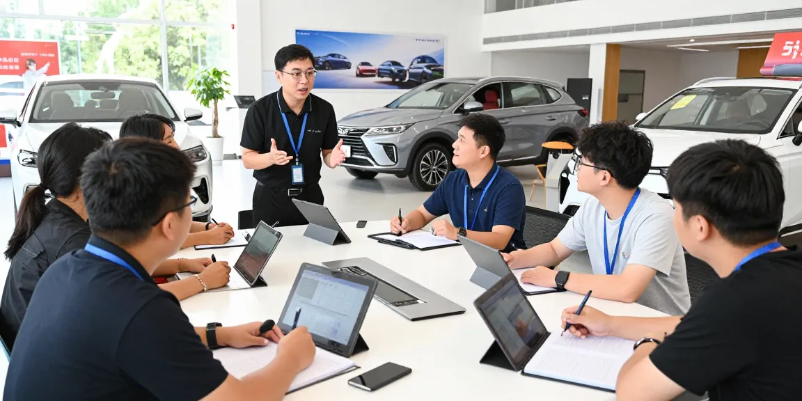 Engaging car sales training session with trainees learning from a coach in a modern dealership.