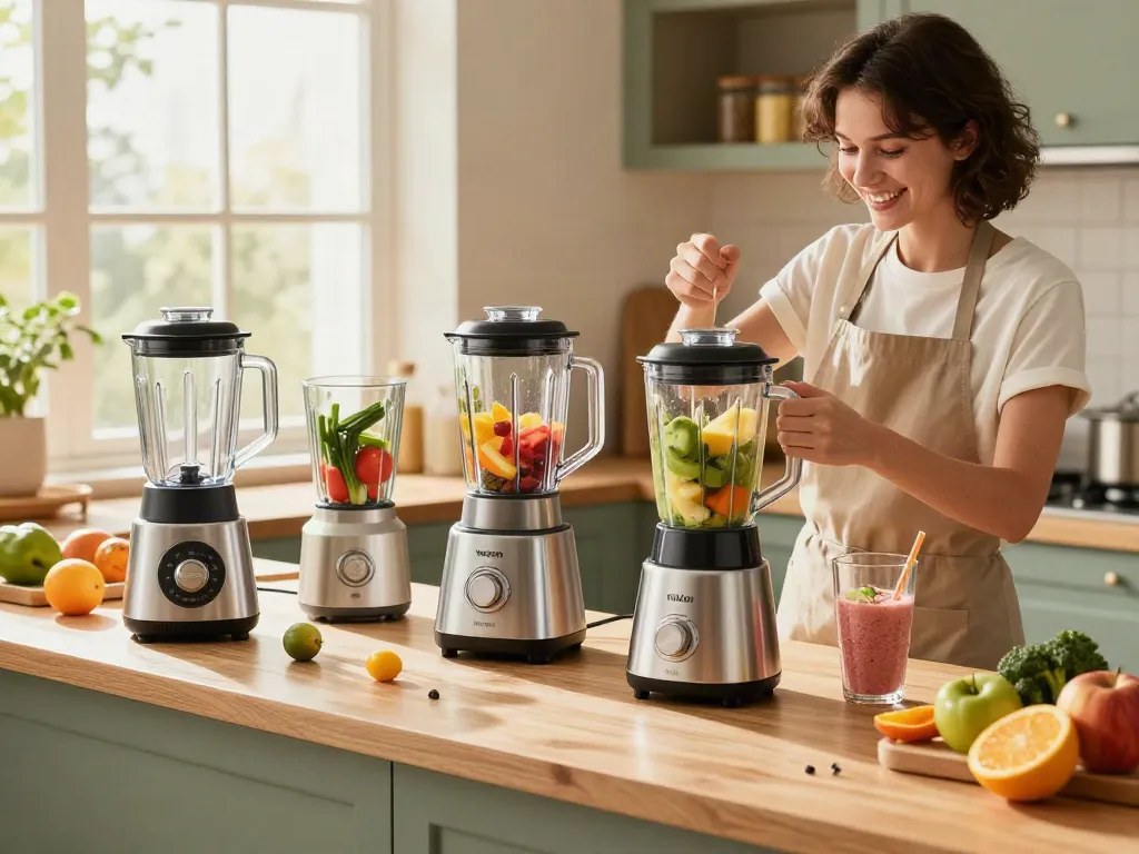 Blender price in bangladesh showcased in a modern kitchen with various models and a cook preparing a smoothie.