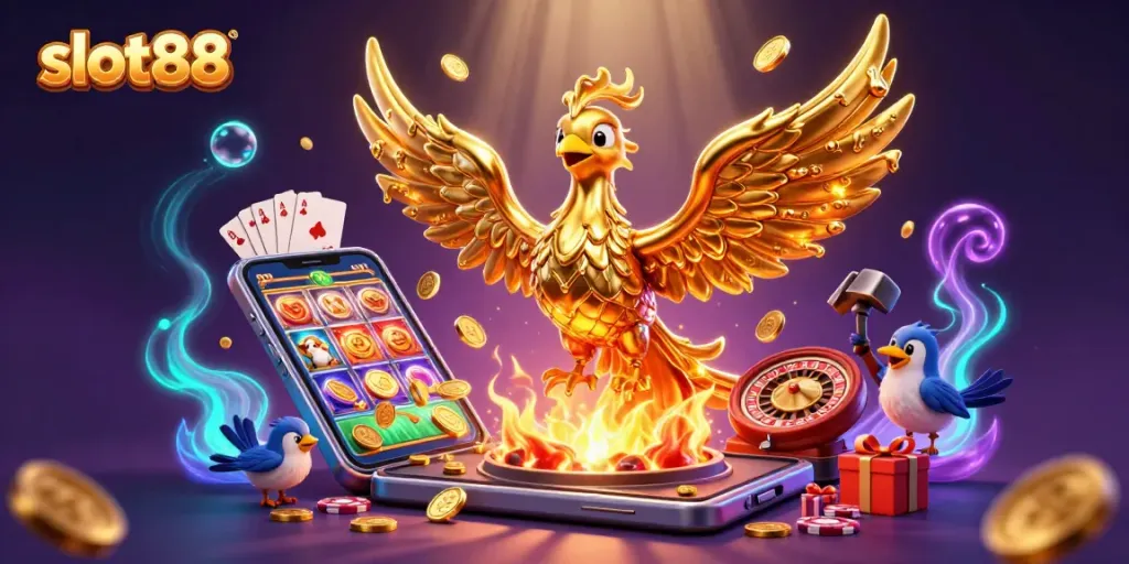 Experience thrilling gameplay with slot88's vivid 3D phoenix and dynamic casino elements.