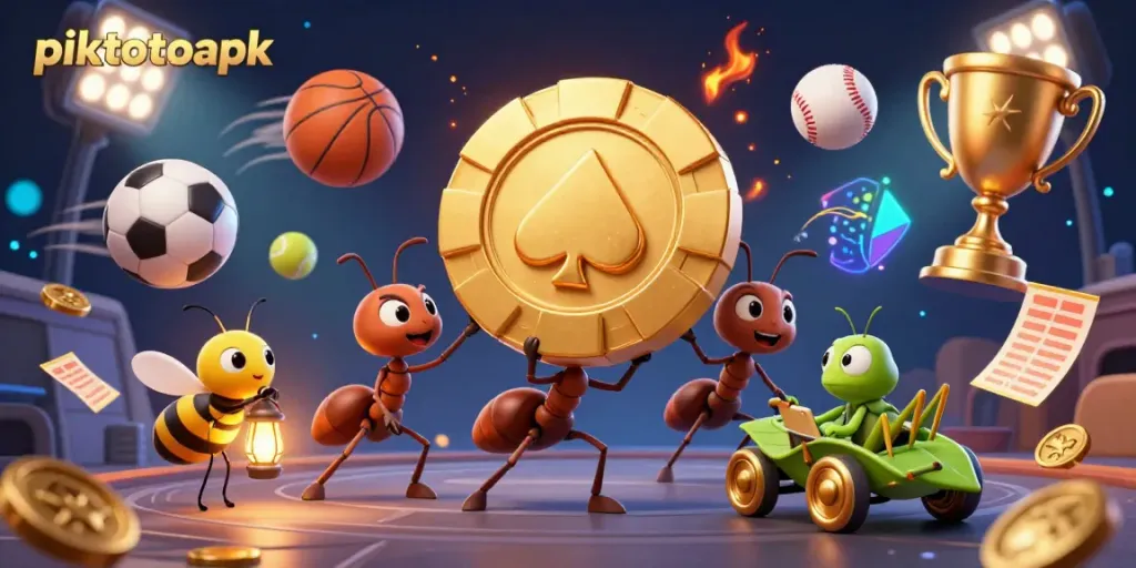 Watch the piktotoapk team of ants adventure with a golden poker chip in this vibrant casino illustration.