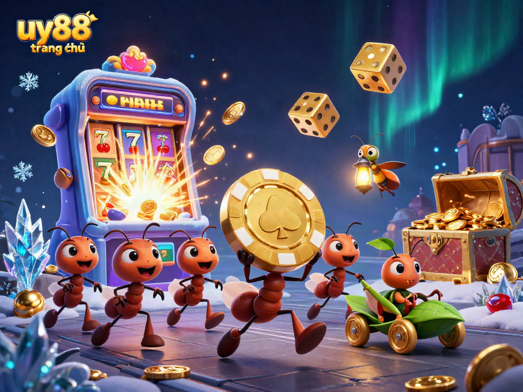 Engaging 3D heist scene featuring ants carrying a golden poker chip illustrating uy88 trang chủ for gamers.
