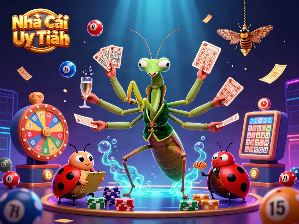 A lively illustration of a praying mantis card dealer at a casino, promoting Nhà Cái Uy Tín with vibrant lottery balls.