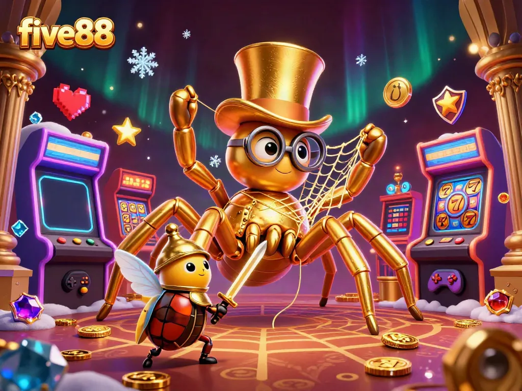 Join the thrilling casino action at five88 with a golden tarantula and beetle knight amidst vibrant slot game elements.