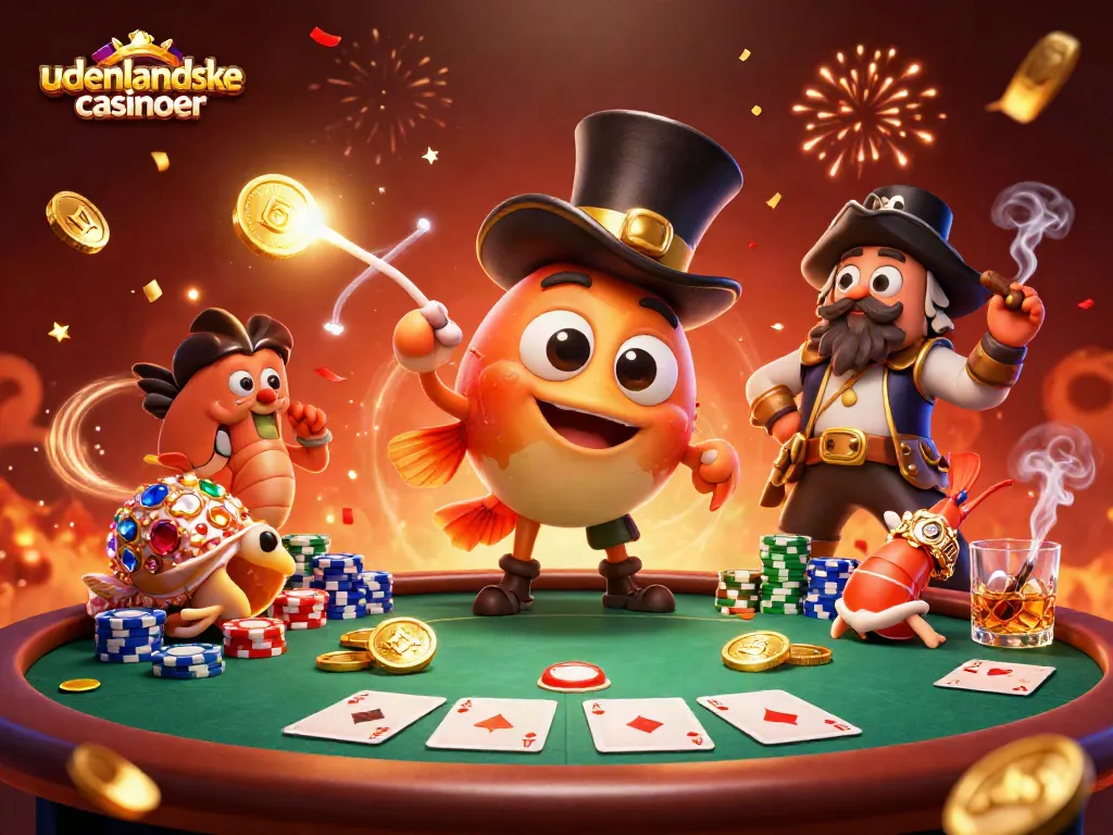 Explore udenlandske casinoer with vibrant characters and poker elements in a festive illustration.